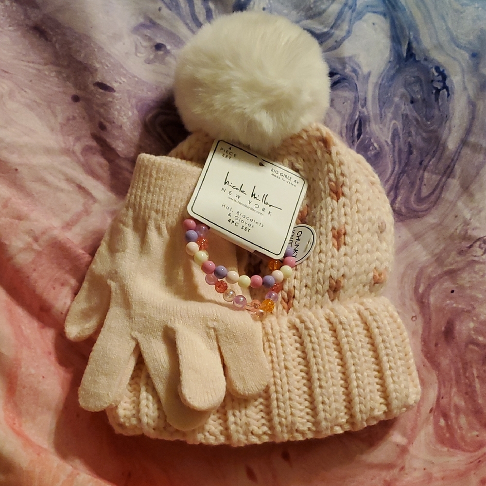 Nicole Miller Cream Knit Pom Pom Hat with Matching Gloves And 2 Bracelets